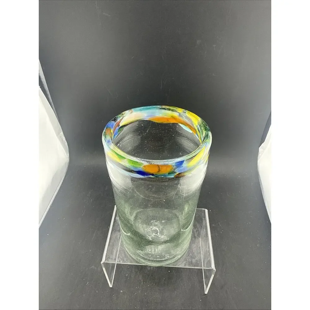 Mexican Hand Blown Glass Tumbler Confetti Rainbow Rim Recycled Pontil Mark 16oz